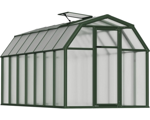 Gewächshaus mit dunkelgrünem Aluminiumrahmen, Hohlkammerplatten aus Polycarbonat, einer Drehtür und einem geöffneten Dachfenster.