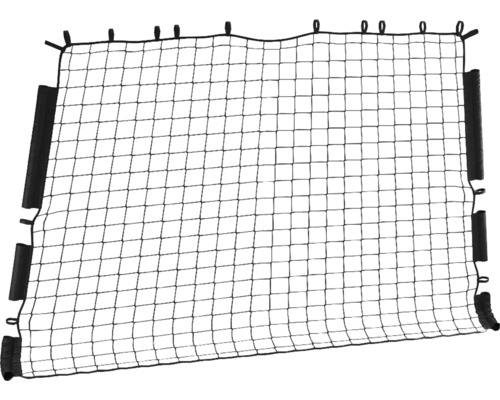 Schwarzes Anhängernetz zur Ladungssicherung mit quadratischen Maschen und Befestigungsschlaufen.