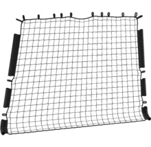 Schwarzes Netz mit quadratischen Maschen, seitlichen Polsterelementen und mehreren Befestigungsschlaufen.