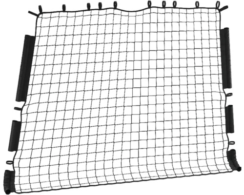 Schwarzes Netz mit quadratischen Maschen, seitlichen Polsterelementen und mehreren Befestigungsschlaufen.