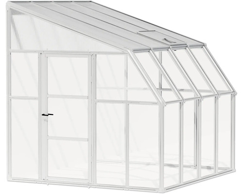 Anlehngewächshaus mit weißem Rahmen, transparenten Paneelen, einer Tür und einem Dachfenster.