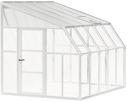 Anlehn-Gewächshaus aus Aluminium mit transparenten Hohlkammerplatten, Pultdach, einer Tür und einem Dachfenster.