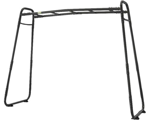 Schwarzes EXIT Klettergerüst aus Metall mit Hangelleiter für den Garten.