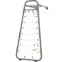 Kletterwand für Kinder mit grauem Metallrahmen, weißem Kletternetz und kleiner Holzschaukel zur Wandmontage.