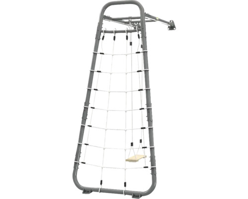 Kletterwand für Kinder mit grauem Metallrahmen, weißem Kletternetz und kleiner Holzschaukel zur Wandmontage.