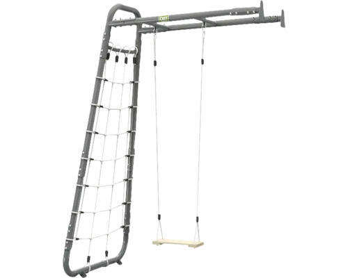 EXIT Toys Klettergerüst aus Metall mit einem Kletternetz und einer Schaukel mit Holzsitz.