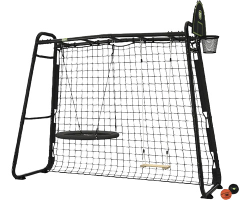 EXIT Toys Multifunktions-Spielgerät für den Garten mit Klettergerüst, Nestschaukel, Holzschaukel, Basketballkorb und Sicherheitsnetz.