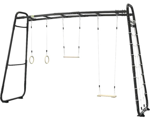 Schwarzes EXIT Klettergerüst mit Hangelstangen, zwei Schaukeln mit Holzsitzen, Turnringen und einem Kletternetz.