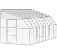 Anlehn-Gewächshaus aus Aluminium mit Pultdach, einer Tür und einem Dachfenster zur Belüftung.