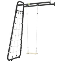EXIT Kletternetz und Schaukel mit schwarzem Metallgestell und Sitz aus Holz.