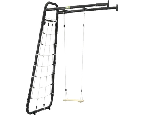 EXIT Kletternetz und Schaukel mit schwarzem Metallgestell und Sitz aus Holz.