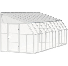 Weißes Anlehn-Gewächshaus mit Aluminiumrahmen, transparenten Scheiben, einer Tür und einem Dachfenster.