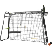 Großes Outdoor-Spielgerät aus Metall mit Nestschaukel, Turnringen, Holzschaukel, Kletternetz und Basketballkorb.