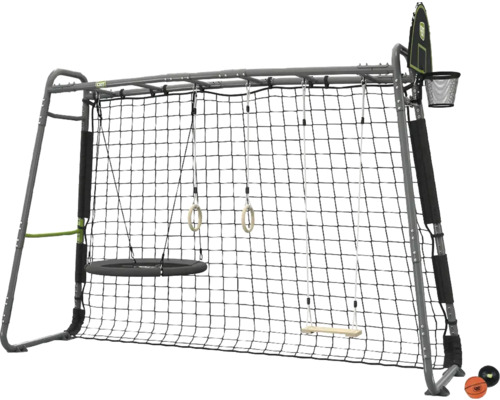 Großes Outdoor-Spielgerät aus Metall mit Nestschaukel, Turnringen, Holzschaukel, Kletternetz und Basketballkorb.