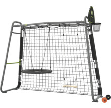 EXIT Toys Spielgerät mit Nestschaukel, Holzschaukel, Fußballnetz und Basketballkorb, grauer Metallrahmen.