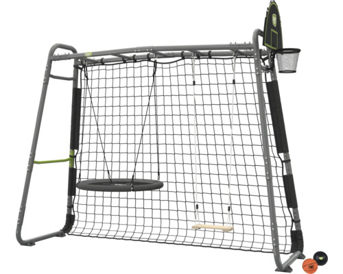EXIT Toys Spielgerät mit Nestschaukel, Holzschaukel, Fußballnetz und Basketballkorb, grauer Metallrahmen.