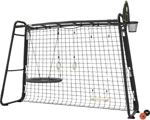 EXIT Toys Klettergerüst mit Fußballtor, Nestschaukel, Turnringen, klassischer Schaukel und Basketballkorb aus Metall.