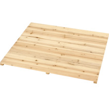 Holzpodest aus parallelen Holzlatten für Garten und Lager.