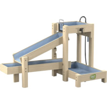 Wasserbahn aus Holz für Kinder mit mehreren Ebenen, blauen Kunststoffbecken, Wasserhahn und EXIT TOYS Logo.