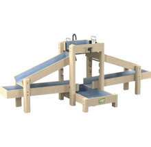 EXIT Toys Wasserbahn aus Holz in Natur und Blau mit mehreren Ebenen, Rinnen und EXIT Toys Logo.