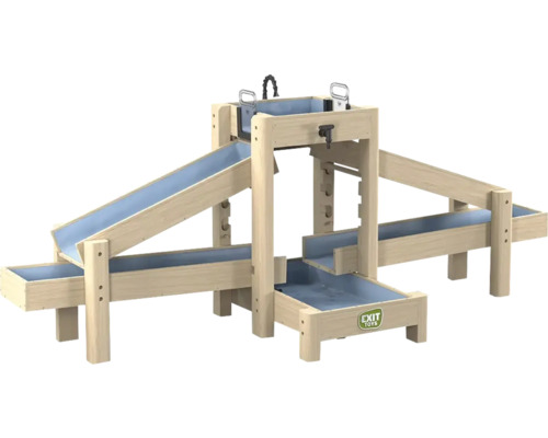 EXIT Toys Wasserbahn aus Holz in Natur und Blau mit mehreren Ebenen, Rinnen und EXIT Toys Logo.