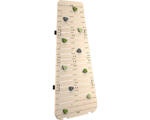 Kletterwand aus hellen Holzlatten mit grünen und grauen Klettergriffen für Kinder.