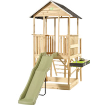 EXIT Toys Spielturm aus Holz mit grüner Rutsche, Leiter, Sandkasten und schwarzer Spielküche.