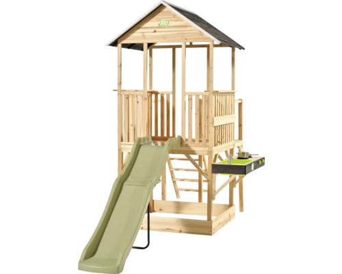 EXIT Toys Spielturm aus Holz mit grüner Rutsche, Leiter, Sandkasten und schwarzer Spielküche.
