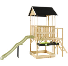 Spielturm aus Holz mit Rutsche, Sandkasten, Spielküche und Treppe. Naturholz mit schwarzem Dach und hellgrüner Rutsche.