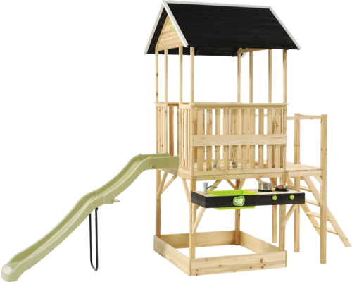 Spielturm aus Holz mit Rutsche, Sandkasten, Spielküche und Treppe. Naturholz mit schwarzem Dach und hellgrüner Rutsche.