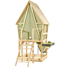 Erhöhtes Kinderspielhaus aus Holz mit Leiter, Sandkasten, Spielküche und grüner Stoffverkleidung. EXIT Toys Logo.