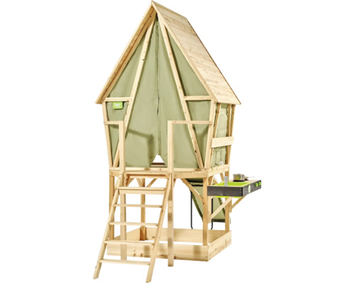 Erhöhtes Kinderspielhaus aus Holz mit Leiter, Sandkasten, Spielküche und grüner Stoffverkleidung. EXIT Toys Logo.