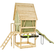 EXIT Toys Spielhaus aus Holz auf Stelzen mit Leiter, Rutsche, Sandkasten und Outdoorküche mit Spüle und Herd.