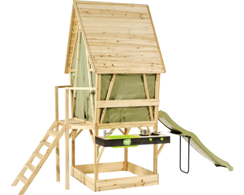 EXIT Toys Spielhaus aus Holz auf Stelzen mit Leiter, Rutsche, Sandkasten und Outdoorküche mit Spüle und Herd.