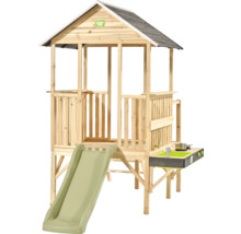 Spielhaus aus Holz auf Stelzen mit Rutsche und Spielküche, EXIT Toys Logo.