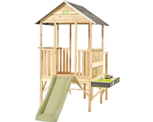 Spielhaus aus Holz auf Stelzen mit Rutsche und Spielküche, EXIT Toys Logo.