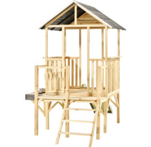 Stelzenhaus aus Holz für Kinder mit Satteldach, Leiter und Geländer für den Garten.