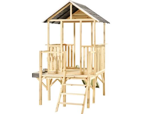 Stelzenhaus aus Holz für Kinder mit Satteldach, Leiter und Geländer für den Garten.