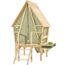 EXIT Toys Stelzenhaus aus Holz mit Zeltwänden aus Stoff, Leiter und angebauter Spielküche.
