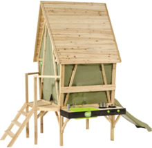 Spielhaus aus Holz auf Stelzen mit Leiter, Rutsche und Spielküche sowie EXIT Toys Logo.