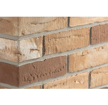 Strukturierte Verblender in Beige- und Brauntönen an einer Wandecke mit grauen Mörtelfugen.