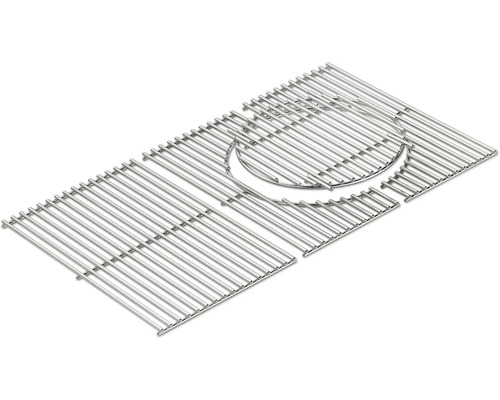 Rechteckiger Grillrost aus Edelstahl mit einem herausnehmbaren runden Einsatz.