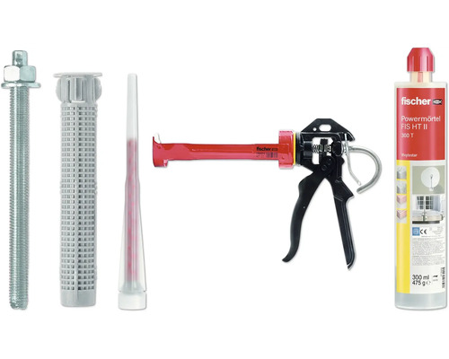 fischer Powermörtel FIS HT II 300 T Set mit Injektionsmörtel, Auspresspistole, Statikmischer, Ankerstange und Siebhülse.
