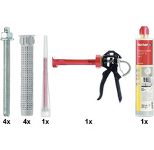 Fischer Injektionsmörtel-Set FIS HT II mit Auspresspistole, Statikmischer, vier Ankerstangen und vier Siebhülsen.
