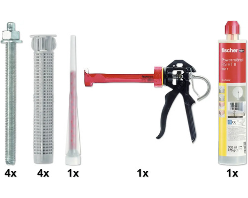 Fischer Injektionsmörtel-Set FIS HT II mit Auspresspistole, Statikmischer, vier Ankerstangen und vier Siebhülsen.