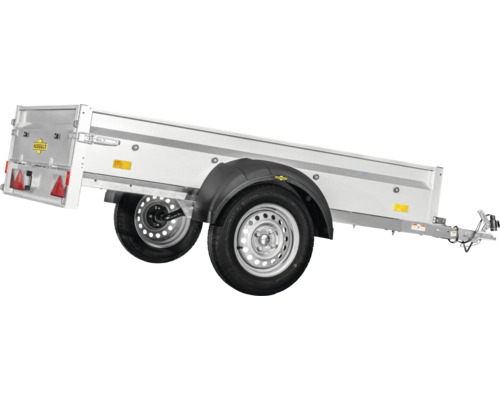 Humbaur Tandem-Anhänger mit Bordwänden aus Aluminium und klappbarer Rückwand.