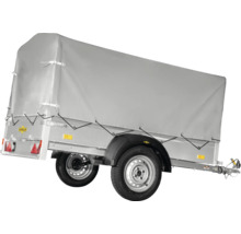 Humbaur Einachser-Anhänger mit grauer Hochplane, Metallrahmen und schwarzen Kotflügeln.