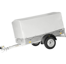 Anhänger für Autos mit grauer Hochplane und Gestell für den geschützten Transport von Ladung.