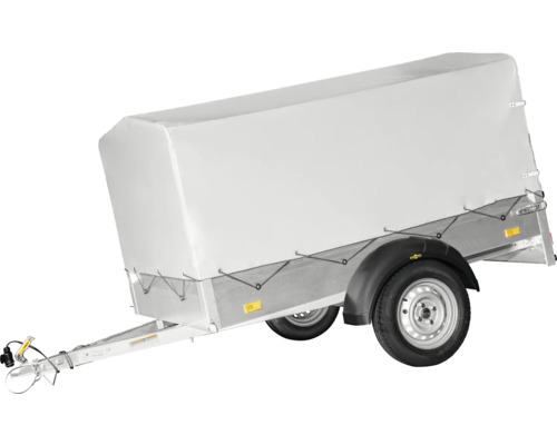 Anhänger für Autos mit grauer Hochplane und Gestell für den geschützten Transport von Ladung.