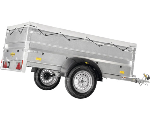 Humbaur Pkw-Anhänger Tieflader mit Flachplane, Aluminiumbordwänden und Einachsfahrgestell.